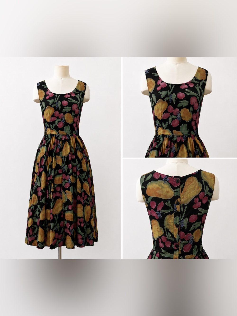 Vintage 90s Esprit Black Midi Dress with Multicolor Fruit and Floral Print - Picture 3 of 6